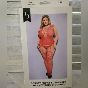 Baci Lingerie Front Suspender Fishnet Bodystocking - Queen Size Fits Sizes 14-18